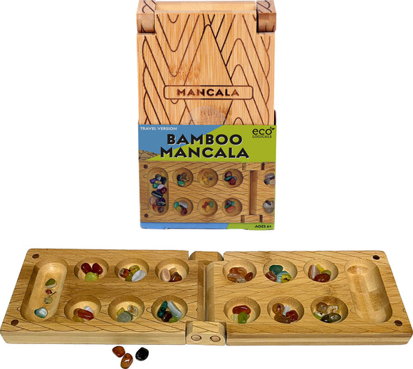 Travel Bamboo Mancala game by Project Genius, featuring a wooden folding board with colorful stones. The board showcases ancient Mancala game design, perfect for on-the-go play.
