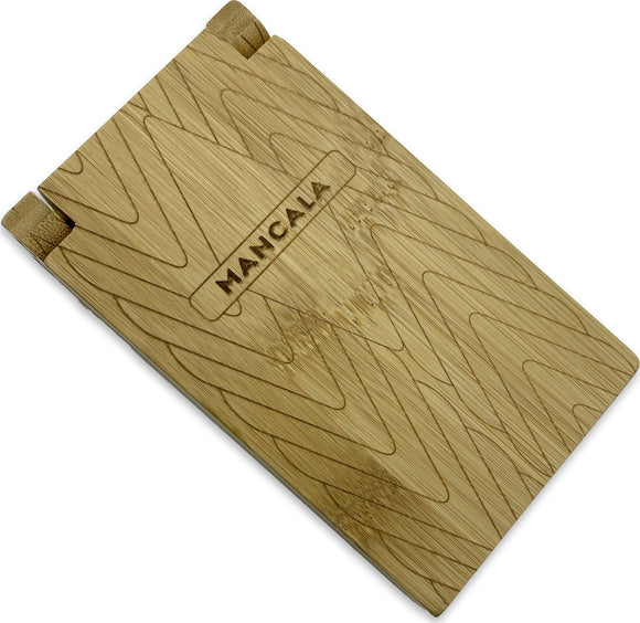 Travel Bamboo Mancala game by Project Genius. The game board features a sleek, natural bamboo design with etched patterns and the word 'Mancala' prominently displayed. Ideal for board game enthusiasts and great for travel.