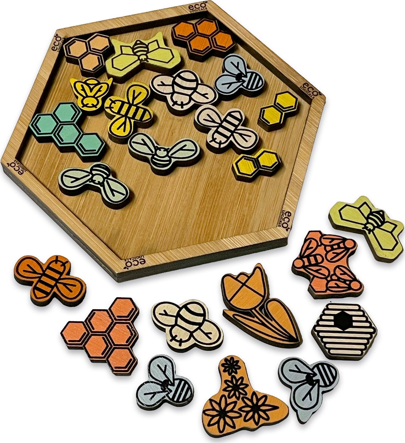 Bumble Jumble mechanical puzzle set by Project Genius featuring colorful wooden bee-shaped and hexagon-shaped pieces arranged on a bamboo tray. The pieces are designed to fit together in a creative, engaging way, enhancing cognitive skills and problem-solving abilities.