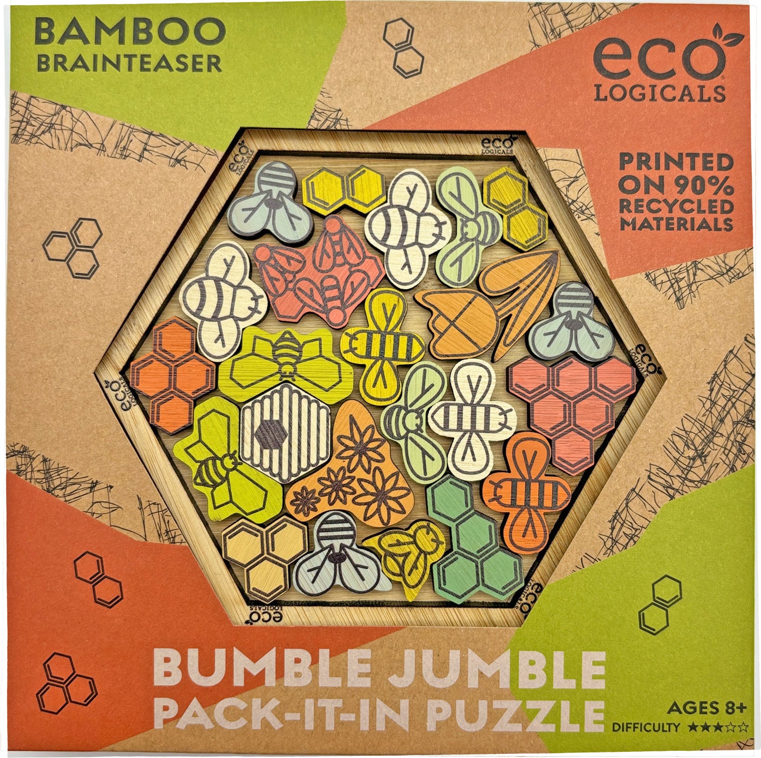 Bumble Jumble mechanical puzzle by Project Genius, featuring colorful wooden pieces shaped like bees and honeycombs arranged in a hexagon. Made from 90% recycled materials, this eco-friendly brainteaser offers a challenge for ages 8 and up.