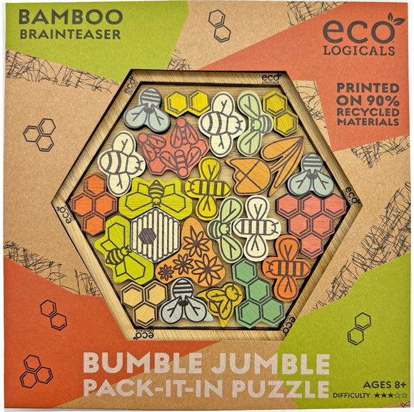 Bumble Jumble mechanical puzzle by Project Genius, featuring colorful wooden pieces shaped like bees and honeycombs arranged in a hexagon. Made from 90% recycled materials, this eco-friendly brainteaser offers a challenge for ages 8 and up.