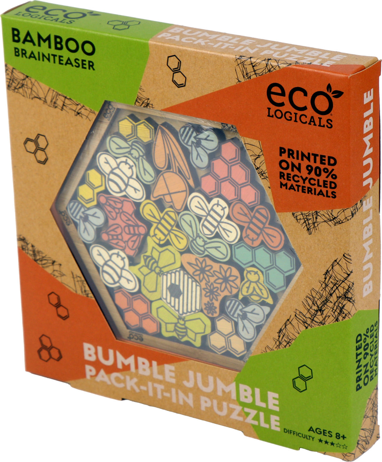 The Bumble Jumble mechanical puzzle by Project Genius features a colorful design showcasing bees and hexagons. The packaging is eco-friendly, made of 90% recycled materials, and includes difficulty ratings and age recommendations. Ideal for stimulating brain activity and problem-solving skills.