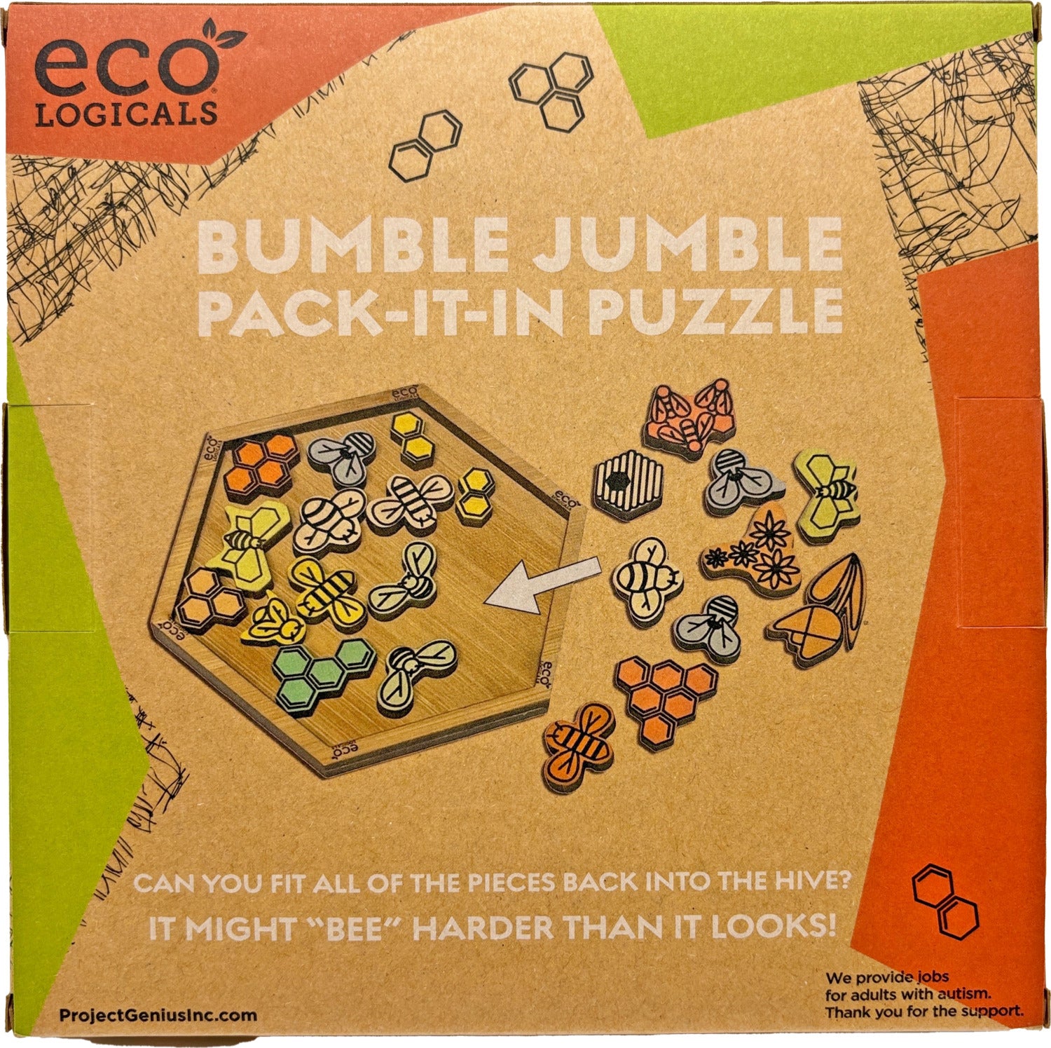 Bumble Jumble Pack-It-In Puzzle by Project Genius. The box features a colorful image of various puzzle pieces, including bees and hexagonal shapes, arranged in a hive. Text on the box suggests a challenge to fit all pieces back into the hive, with a playful note that it might be more difficult than it appears. The packaging emphasizes its eco-friendly design.