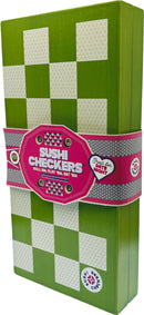 Sushi Checkers game by Project Genius features a whimsical design with a vibrant green checkerboard pattern. The packaging showcases the game's title prominently on a pink label, emphasizing its fun and playful nature. Ideal for a relaxed game night, the product invites players to roll, play, and enjoy, making it perfect for couples or friends gatherings.