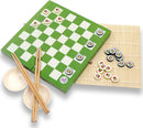 Sushi Checkers game by Project Genius displayed on a bamboo mat. The game features a green checkerboard with sushi-themed checker pieces. Accompanying items include chopsticks and shallow bowls.