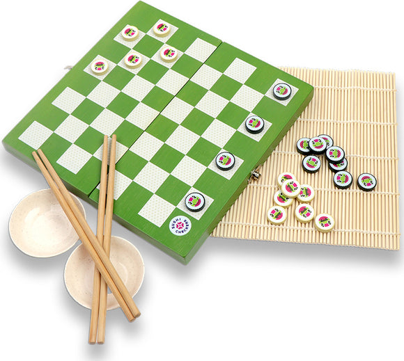 Sushi Checkers game by Project Genius displayed on a bamboo mat. The game features a green checkerboard with sushi-themed checker pieces. Accompanying items include chopsticks and shallow bowls.