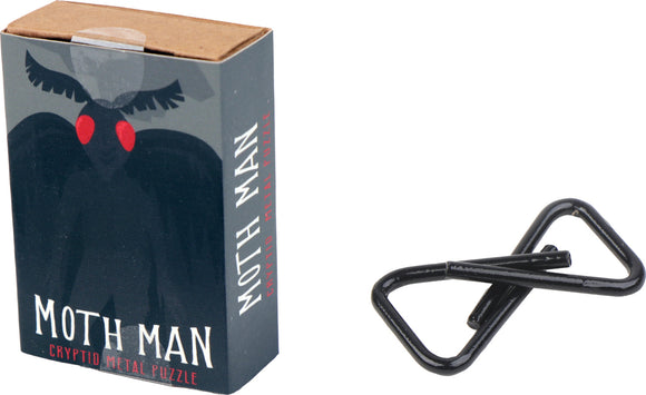 The Cryptid Puzzlebox Moth Man by Project Genius features a stylish packaging design with a silhouette of Moth Man, characterized by large wings and red eyes. Accompanying the box is a unique mechanical puzzle piece, intricately designed for an engaging solving experience.