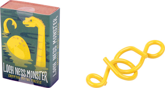The Cryptid Puzzlebox Alien by Project Genius is a vibrant mechanical puzzle featuring a creative design inspired by cryptids. The box showcases an illustrated Loch Ness Monster against a green background, while a bright yellow metal puzzle piece is prominently displayed. This engaging puzzle combines intricate mechanics with a fun, themed challenge, perfect for puzzle enthusiasts and cryptid fans alike.