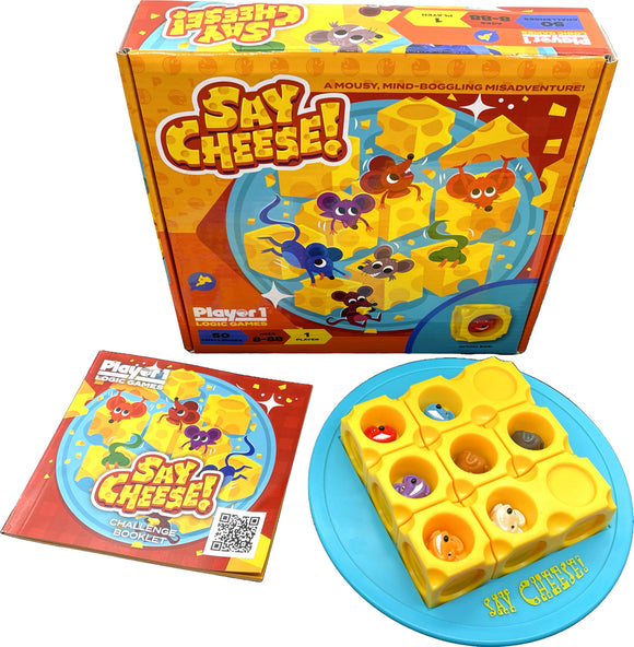 The 'Say Cheese!' game by Project Genius features a colorful box showcasing cartoon mice on a cheese board. The game includes a challenge booklet and a unique mechanical puzzle involving playful mice. It is designed for one player and offers 50 challenges that engage critical thinking and logic skills.