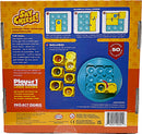 The back of the Say Cheese mechanical puzzle box by Project Genius, featuring colorful illustrations and instructions for gameplay. It showcases a sample challenge, highlighting how to navigate cheese blocks to direct the mice in the game. The box includes a total of 50 challenges, cheese plate base, cheese cubes, and a challenge booklet.
