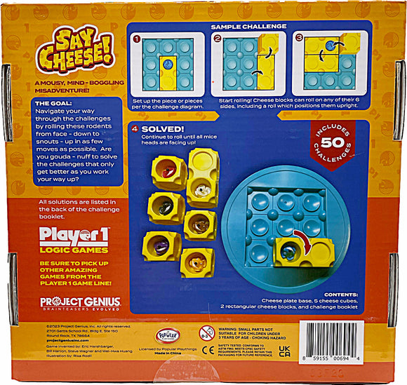 The back of the Say Cheese mechanical puzzle box by Project Genius, featuring colorful illustrations and instructions for gameplay. It showcases a sample challenge, highlighting how to navigate cheese blocks to direct the mice in the game. The box includes a total of 50 challenges, cheese plate base, cheese cubes, and a challenge booklet.