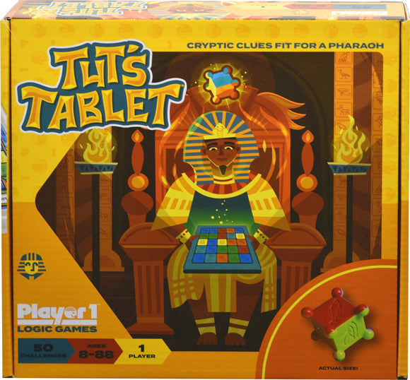 The packaging of Tut's Tablet by Project Genius features a colorful design with a cartoon depiction of a pharaoh sitting on a throne. The pharaoh holds a puzzle with various colored tiles, showcasing the game's theme of logic challenges. The box highlights '50 Challenges', suitable for ages 8 to 88, indicating it's a single-player game.