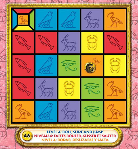 Tut's Tablet by Project Genius is a vibrant mechanical puzzle featuring a colorful grid with various hieroglyphs and symbols. The game includes a detailed level guide for players to roll, slide, and jump their way through the challenges. The intricate design invites exploration and enhances problem-solving skills, making it perfect for puzzle enthusiasts.