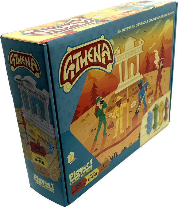 Athena by Project Genius is a mechanical puzzle designed for ages 8-88. The box features vibrant illustrations depicting scenes along an Olympian obstacle course for the brain, showcasing various challenges and characters engaged in playful activities. The product is suitable for one player and includes 50 exciting challenges, perfect for enhancing logical thinking and problem-solving skills.