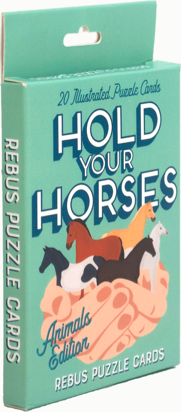 Hold Your Horses by Project Genius is a fun set of 20 illustrated puzzle cards featuring various horse illustrations. The packaging is teal with bold text and includes a delightful 'Animals Edition' label, perfect for puzzle enthusiasts and horse lovers alike.