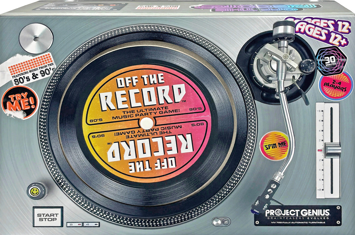 Off The Record music party game by Project Genius, featuring a turntable design with vinyl record graphics. The game is suitable for ages 12 and up, designed for 2 or more players. The packaging highlights music from the 80s and 90s, with engaging prompts like 'Try Me!' and 'Spin Me!' located on vibrant stickers.