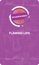 Off The Record game by Project Genius featuring a colorful game card with the word 'CHARADES' and 'FLAMING LIPS' printed in bold lettering. The background is predominantly purple, adding a vibrant touch to the card's design.