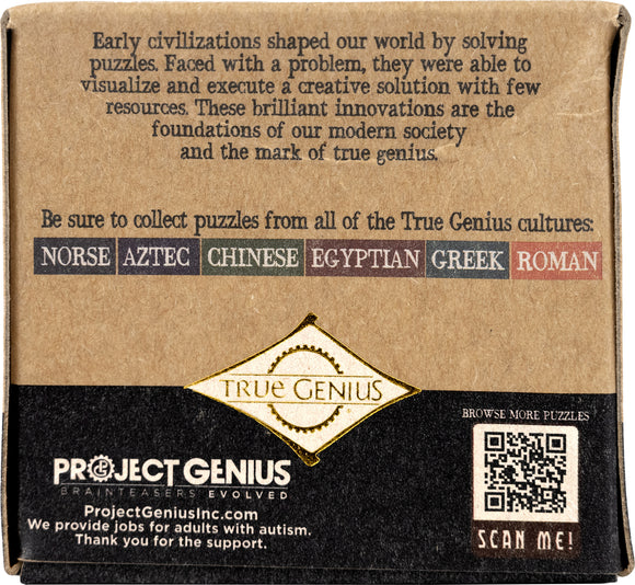 Pharaoh's Ale by Project Genius is a mechanical puzzle designed to challenge and engage. The packaging features informative text about early civilizations and their use of puzzles. It encourages collectors to explore various cultural puzzles such as Norse, Aztec, Chinese, Egyptian, Greek, and Roman. The product is branded under True Genius with a QR code for more information.
