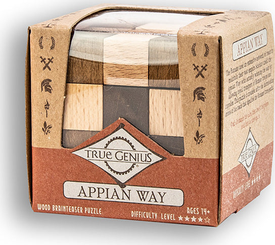 The Appian Way puzzle by Project Genius features a wooden mechanical brainteaser. The packaging is elegantly designed with earthy tones and showcases the intricate wood pieces inside, suitable for ages 14 and up, rated with a difficulty of four stars.