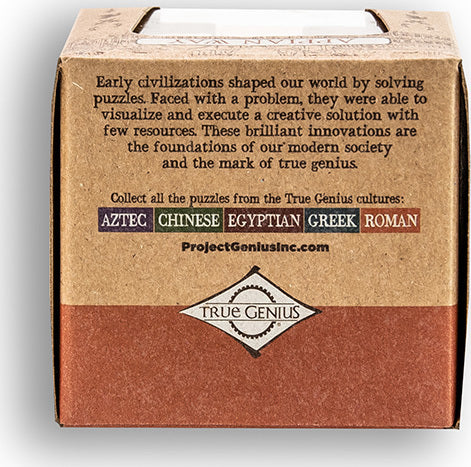 The Appian Way mechanical puzzle from Project Genius features a detailed design inspired by early civilizations. The box showcases a text description highlighting how ancient cultures utilized problem-solving through puzzles, emphasizing their innovative contributions to modern society. The packaging also includes a collection of other puzzle themes such as Aztec, Chinese, Egyptian, Greek, and Roman.