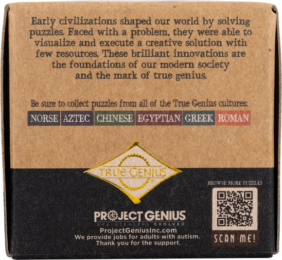 Mosaic Tile mechanical puzzle by Project Genius, showcasing its unique design and cultural references. The back of the box features text about how early civilizations shaped our world through problem-solving and creativity, as well as a logo for True Genius and a QR code for more information.