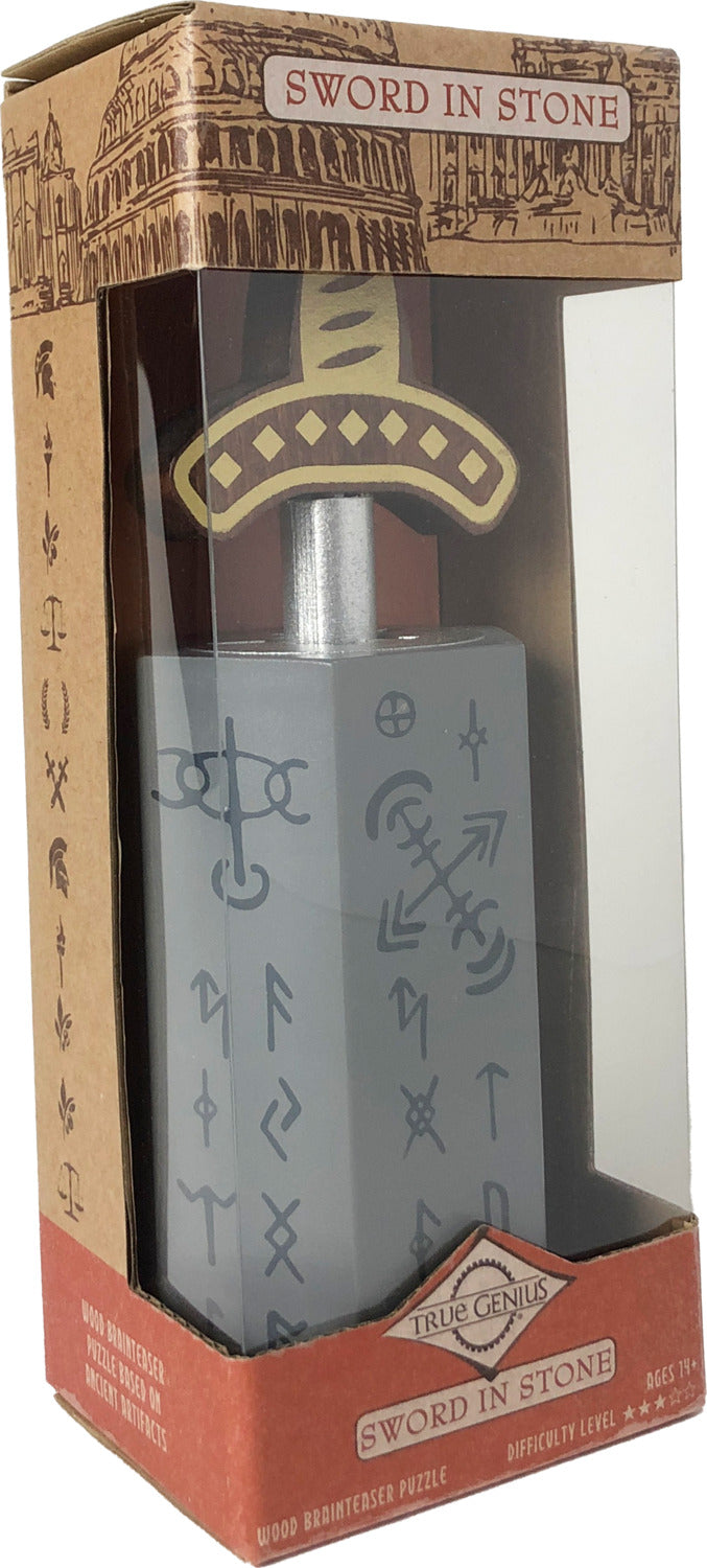 The True Genius Sword in Stone is a mechanical brainteaser puzzle designed to challenge problem-solving skills. It features a realistic sword set in a stone-like base adorned with ancient inscriptions. The puzzle is encased in a vibrant box showcasing ancient artifacts, making it a sophisticated gift for puzzle enthusiasts aged 14 and up.