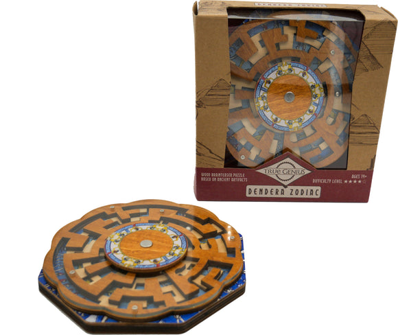 The Dendera Zodiac puzzle by Project Genius is an intricate mechanical brainteaser featuring a beautifully crafted wooden design. The puzzle has a circular shape with a unique maze pattern, adorned with vibrant colors and ancient motifs. It comes in a decorative box showcasing the puzzle's complexity and difficulty level, making it an engaging challenge for puzzle enthusiasts aged 14 and up.