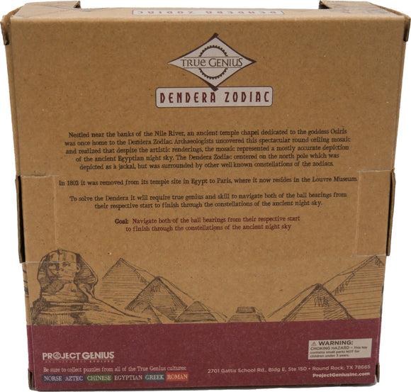 The Dendera Zodiac mechanical puzzle by Project Genius features an intricate design inspired by the ancient Egyptian night sky, depicting the Dendera Zodiac as it appeared on a temple ceiling. This engaging and educational puzzle requires players to navigate two ball bearings through constellations, honing problem-solving skills while exploring historical astronomy.