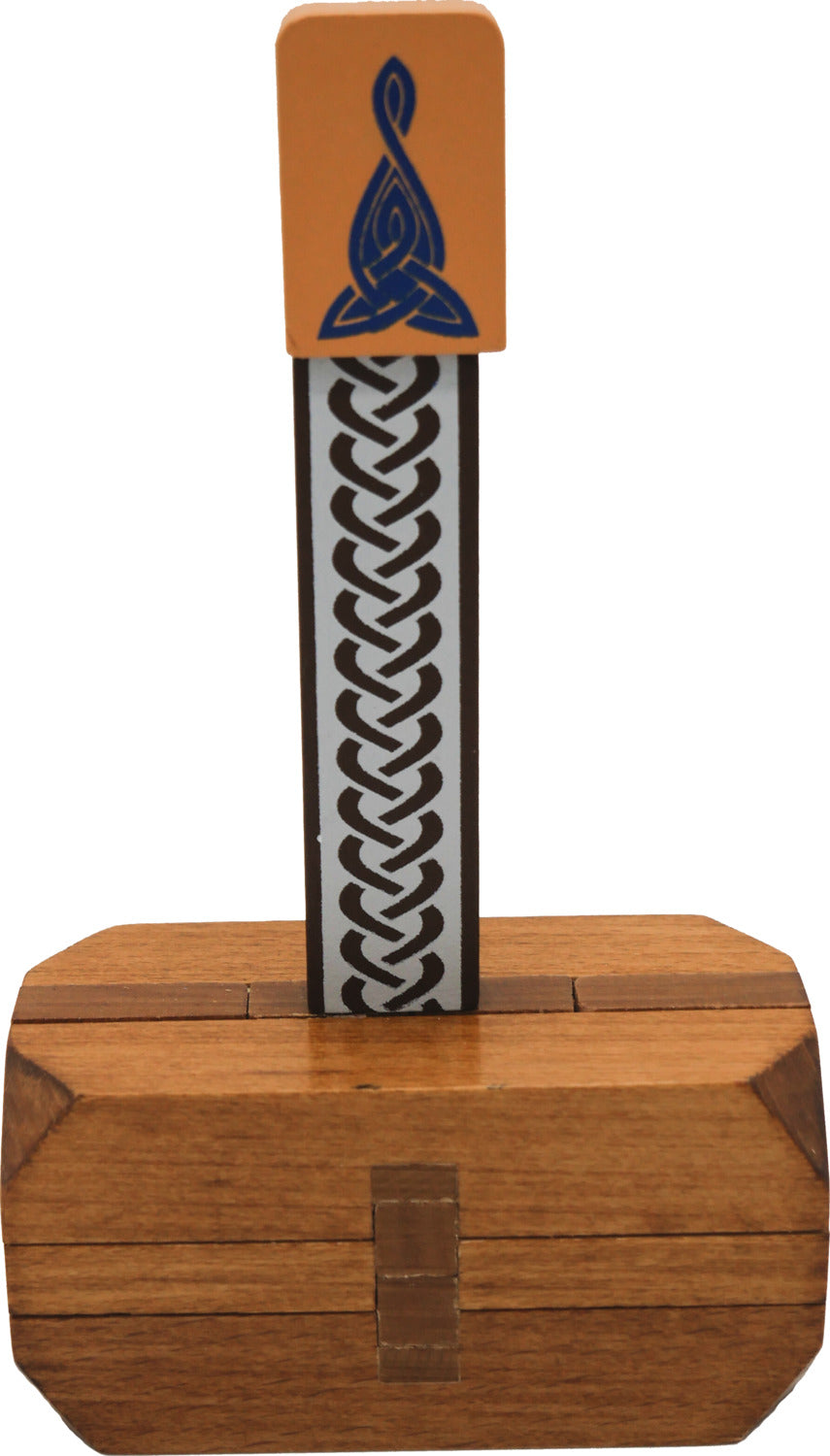 A detailed view of Thor's Hammer, a mechanical puzzle by Project Genius. The puzzle features a wooden base with intricate designs, a central pillar adorned with a braided pattern, and a distinctive decorative top, embodying Norse mythology.