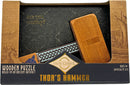 Thor's Hammer mechanical puzzle by Project Genius, featuring intricately designed wooden pieces and a stylish storage box. Perfect for ages 8 and up, this puzzle challenges your skills with a difficulty level of 3 out of 5. It is based on ancient artifacts, providing an engaging experience for puzzle enthusiasts.