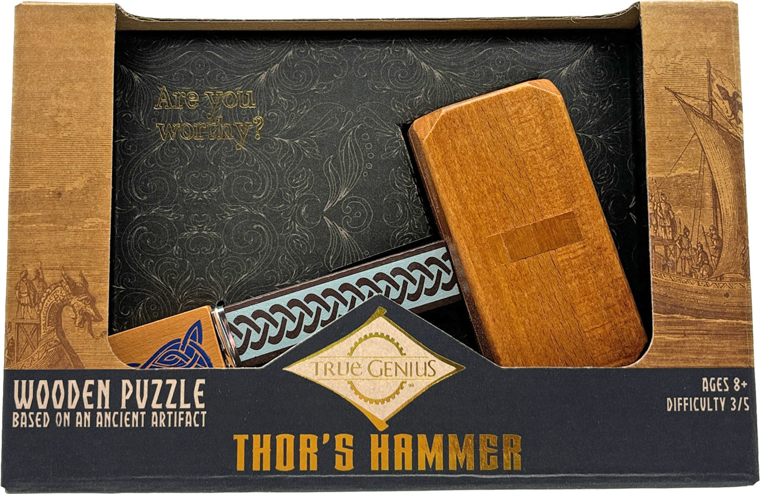 Thor's Hammer mechanical puzzle by Project Genius, featuring intricately designed wooden pieces and a stylish storage box. Perfect for ages 8 and up, this puzzle challenges your skills with a difficulty level of 3 out of 5. It is based on ancient artifacts, providing an engaging experience for puzzle enthusiasts.