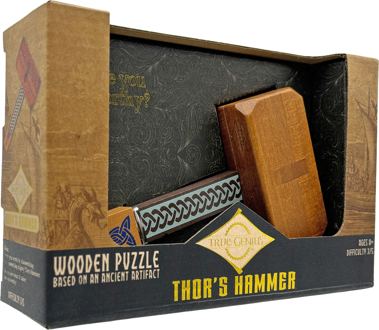 Thor's Hammer mechanical puzzle by Project Genius, featuring intricately designed wooden pieces and a decorative box with Norse motifs. Offers a challenging experience with a 3/5 difficulty rating suitable for ages 8 and up.