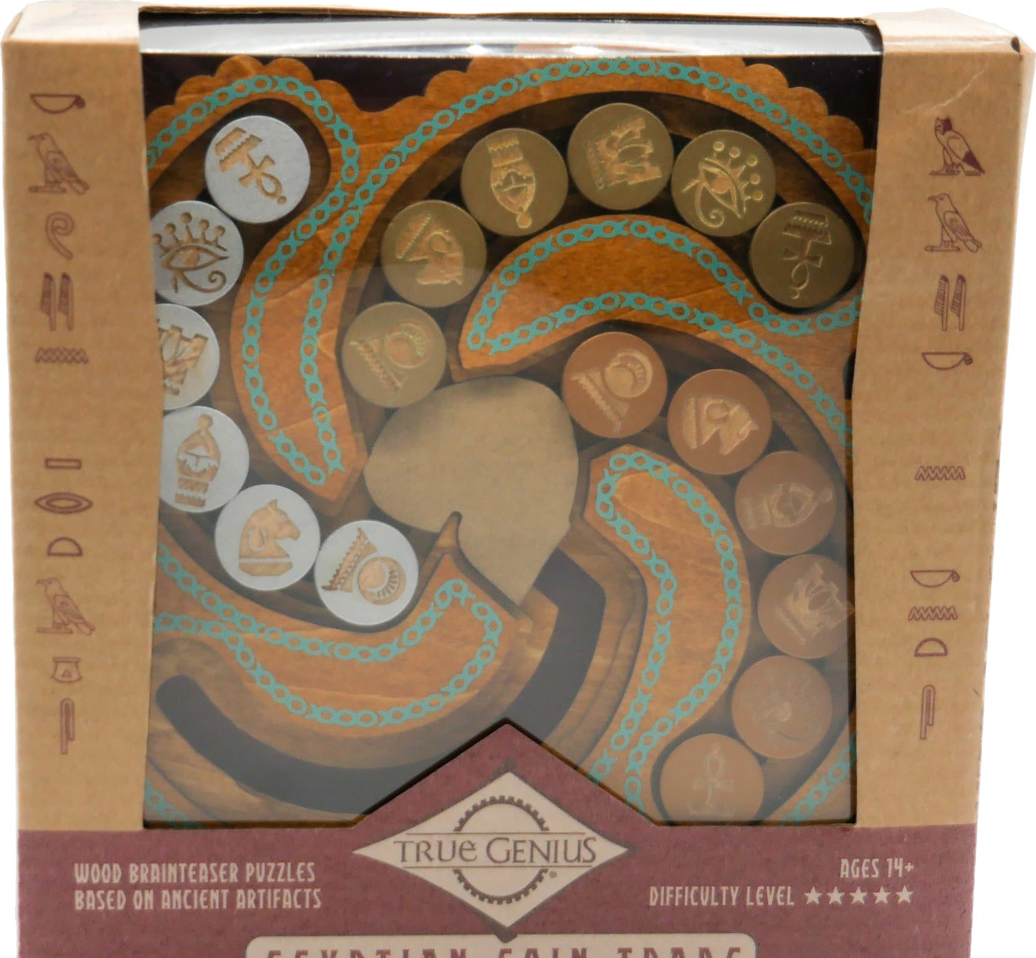 Egyptian Coin Trade by Project Genius is a mechanical puzzle featuring intricate wooden coins designed with ancient Egyptian symbols. The puzzle promotes critical thinking and problem-solving skills. Suitable for ages 14 and up, it offers a challenging experience with a beautiful design.