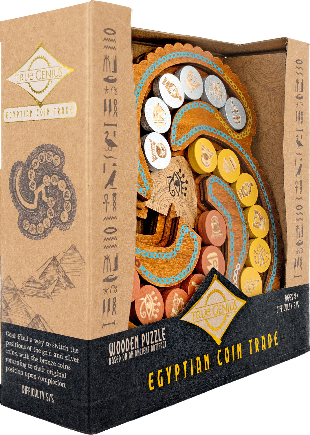 The Egyptian Coin Trade puzzle by Project Genius features intricately designed wooden pieces that include gold, silver, and bronze coins. Each piece showcases ancient Egyptian symbols, and the goal is to rearrange the coins while returning the bronze pieces to their original positions. The packaging displays hieroglyphics and artistic illustrations, emphasizing its challenging difficulty level of 5/5, making it suitable for ages 8 and up.