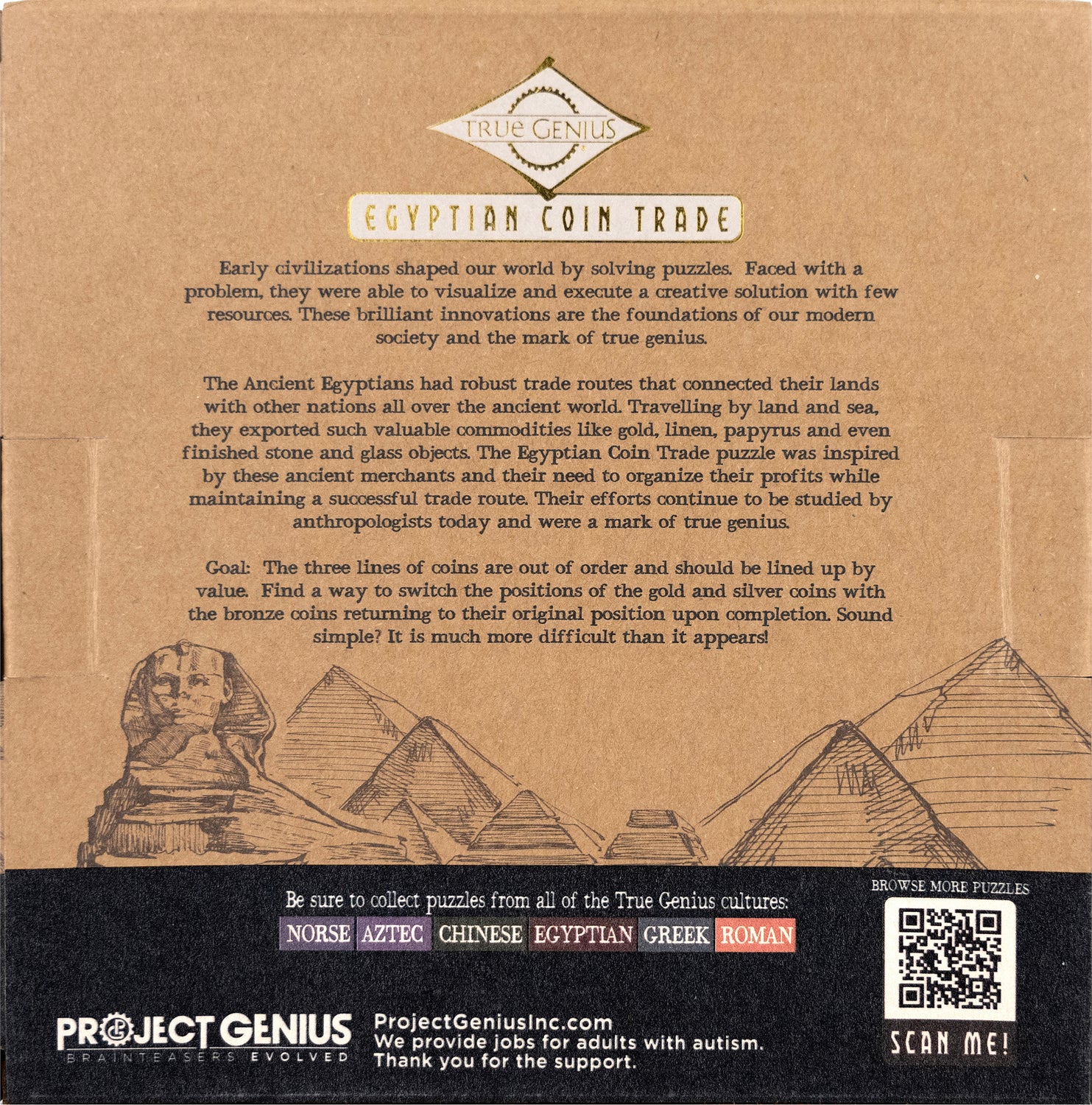 The Egyptian Coin Trade puzzle by Project Genius features a vibrant design with ancient Egyptian symbols and a background of the Great Sphinx and pyramids. The packaging includes an intriguing description of the historical significance of coin trade in ancient Egypt, alongside instructions about the puzzle's mechanics, including its goal of arranging coins by value.