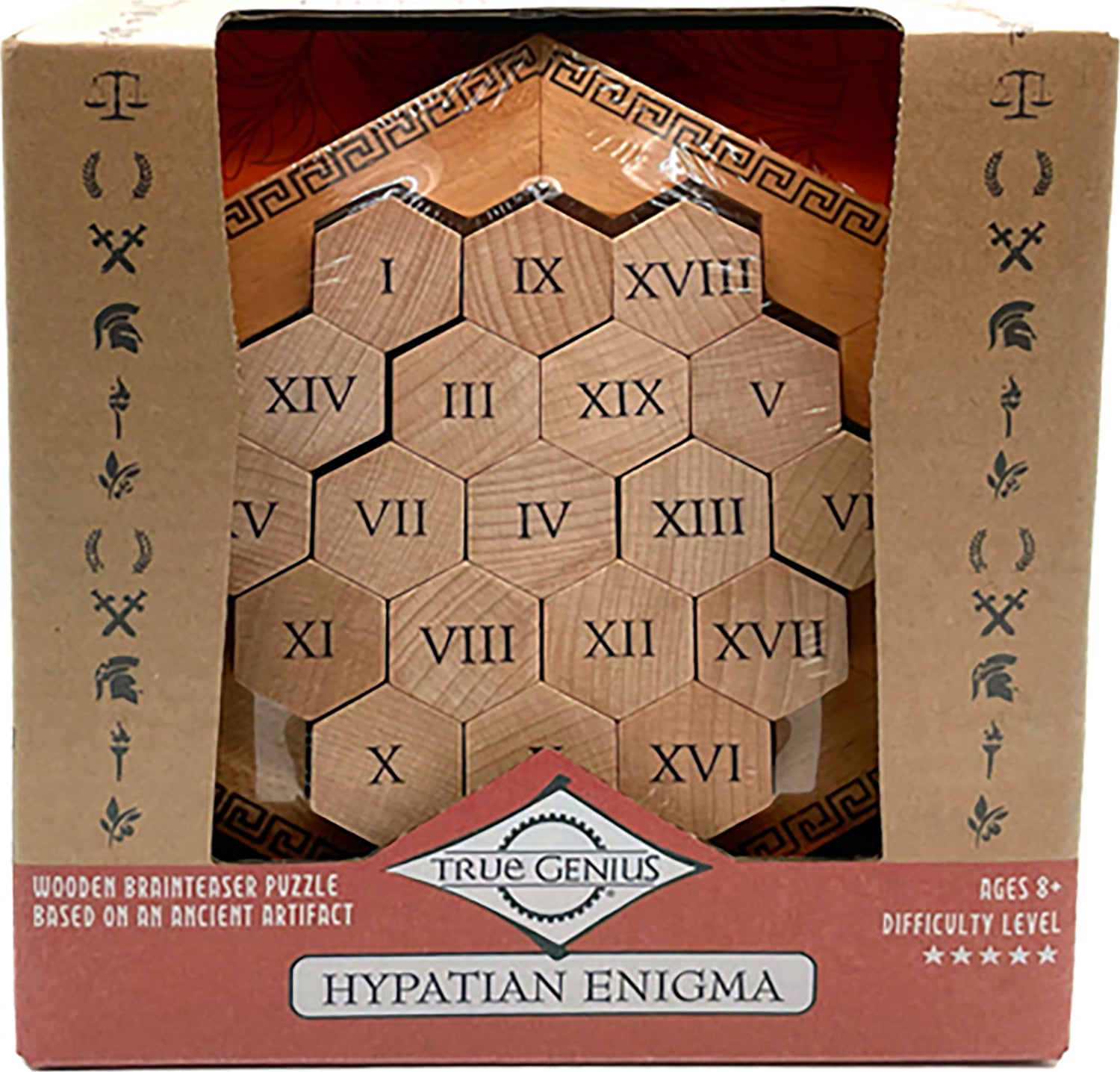 The Hypatian Enigma, a unique mechanical puzzle by True Genius, features hexagonal wooden pieces labeled with Roman numerals. Packaged in an elegantly designed box that showcases ancient artifacts and symbols, this puzzle provides a challenging brain teaser experience for ages 8 and up.