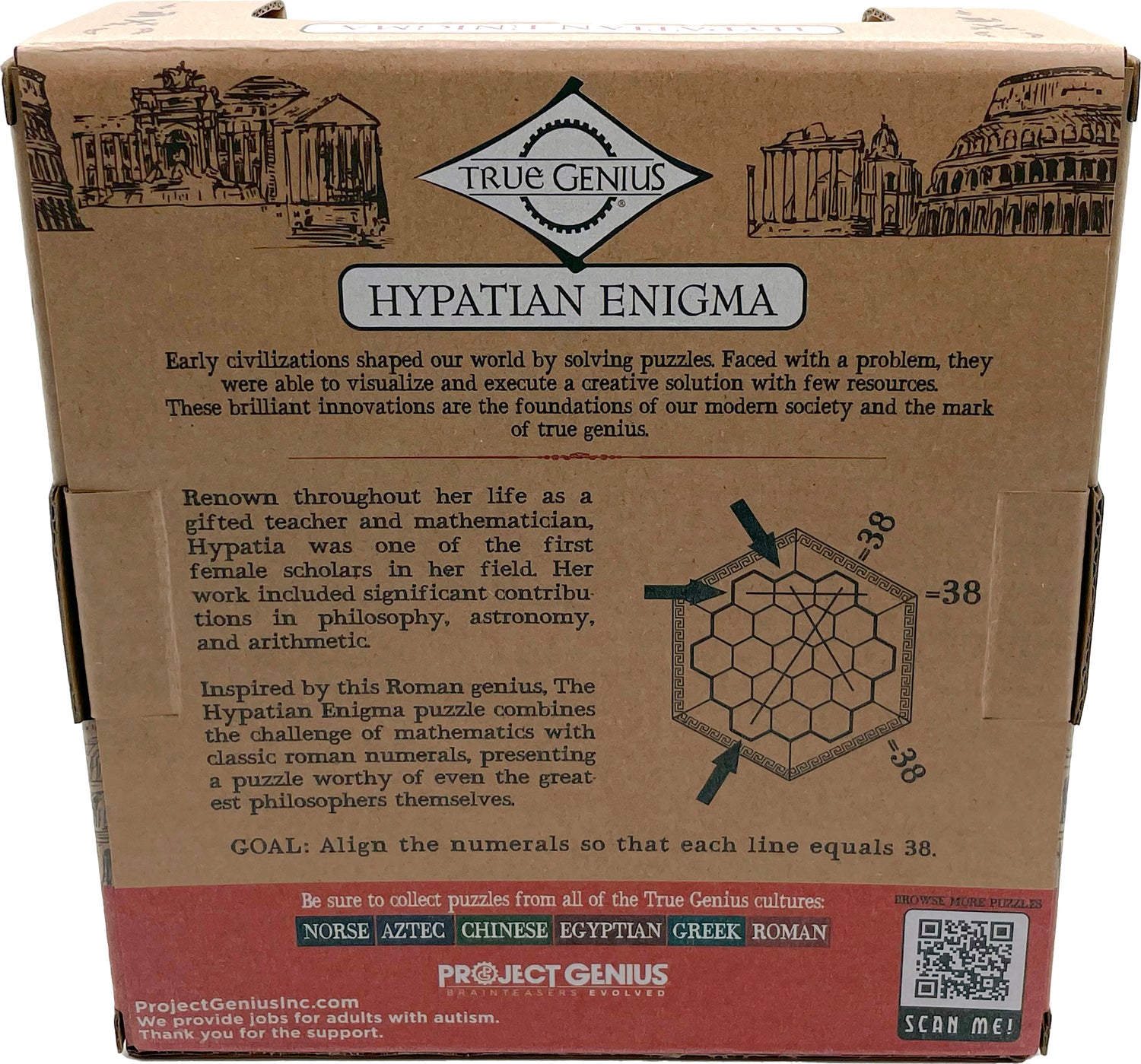 The Hypatian Enigma by True Genius is a mechanical puzzle inspired by the contributions of ancient scholar Hypatia. The product packaging features illustrations of famous landmarks and a detailed description of the puzzle's goal: to align the numerals so that each line equals 38. It's designed to challenge your mathematical skills while paying homage to the historical context of puzzle-solving.