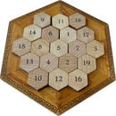 The Hypatian Enigma is a mechanical puzzle featuring a hexagonal wooden board with numbered hexagonal pieces arranged in a unique pattern. The board is intricately designed with a decorative border, and the natural wood finish enhances its elegant appearance. This puzzle challenges players to rearrange the pieces to achieve a particular sequence, making it both an engaging and stylish addition to any collection.
