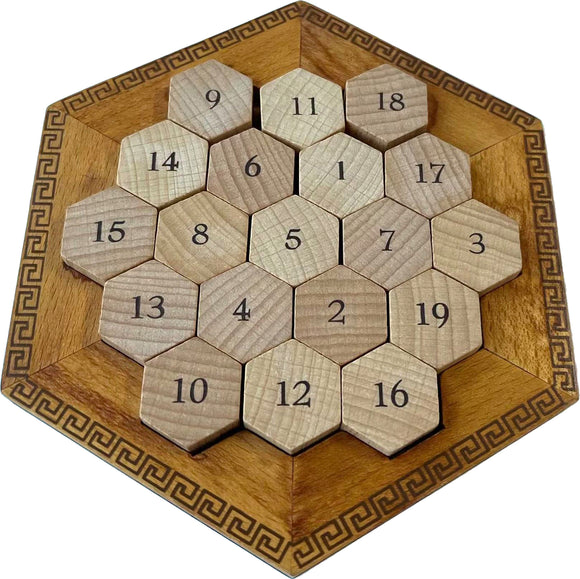 The Hypatian Enigma is a mechanical puzzle featuring a hexagonal wooden board with numbered hexagonal pieces arranged in a unique pattern. The board is intricately designed with a decorative border, and the natural wood finish enhances its elegant appearance. This puzzle challenges players to rearrange the pieces to achieve a particular sequence, making it both an engaging and stylish addition to any collection.