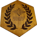 The Hypatian Enigma by True Genius, a mechanical puzzle featuring a hexagonal wooden base adorned with a laurel design. Inscribed are the words: 'GOAL: Can you live up to the legend of Hypatia herself and align the numerals so that each line is equal to 38?'