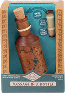 The 'Message in a Bottle' is a unique mechanical puzzle shaped like a wooden bottle. It features a cork top and a rolled-up note that can be placed inside. Designed by Project Genius, this puzzle invites you to write a secret message, insert it, and challenge friends to solve the brainteaser. Ideal for ages 8 and up, it has a difficulty level of 4 out of 5 stars.