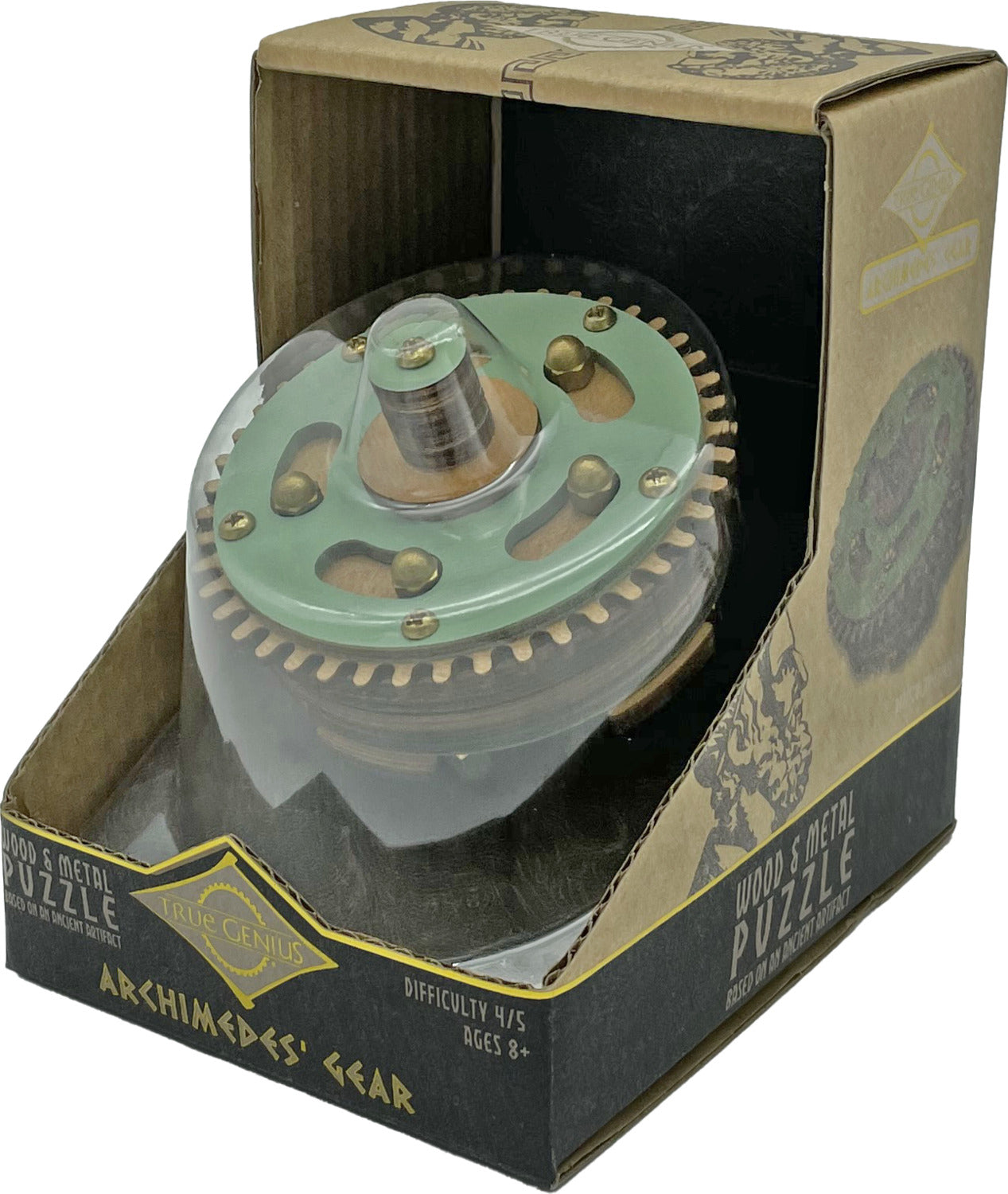 A mechanical puzzle by True Genius titled 'Archimedes' Gear'. The puzzle features a blend of wood and metal, showcasing intricate gears and a transparent cover. It is packaged in an attractive box with a difficulty rating of 4 out of 5, suitable for ages 8 and up.