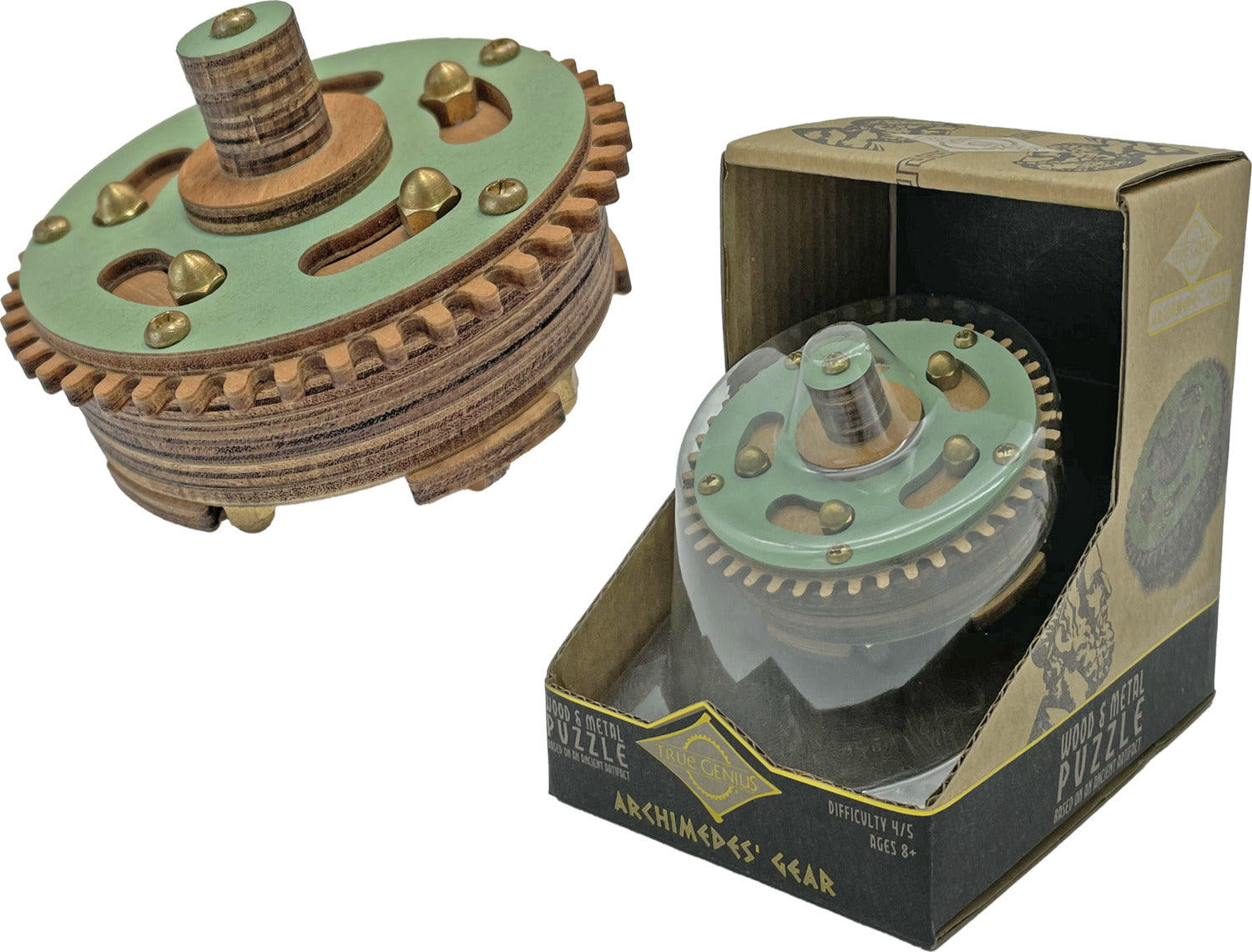 Archimedes' Gear mechanical puzzle by True Genius, showcasing a unique design featuring interlocking gears made of wood and metal. The puzzle is presented in its decorative packaging, highlighting the craftsmanship and complexity. It is suitable for ages 8 and up, with a difficulty rating of 4 out of 5. An engaging challenge for puzzle enthusiasts.