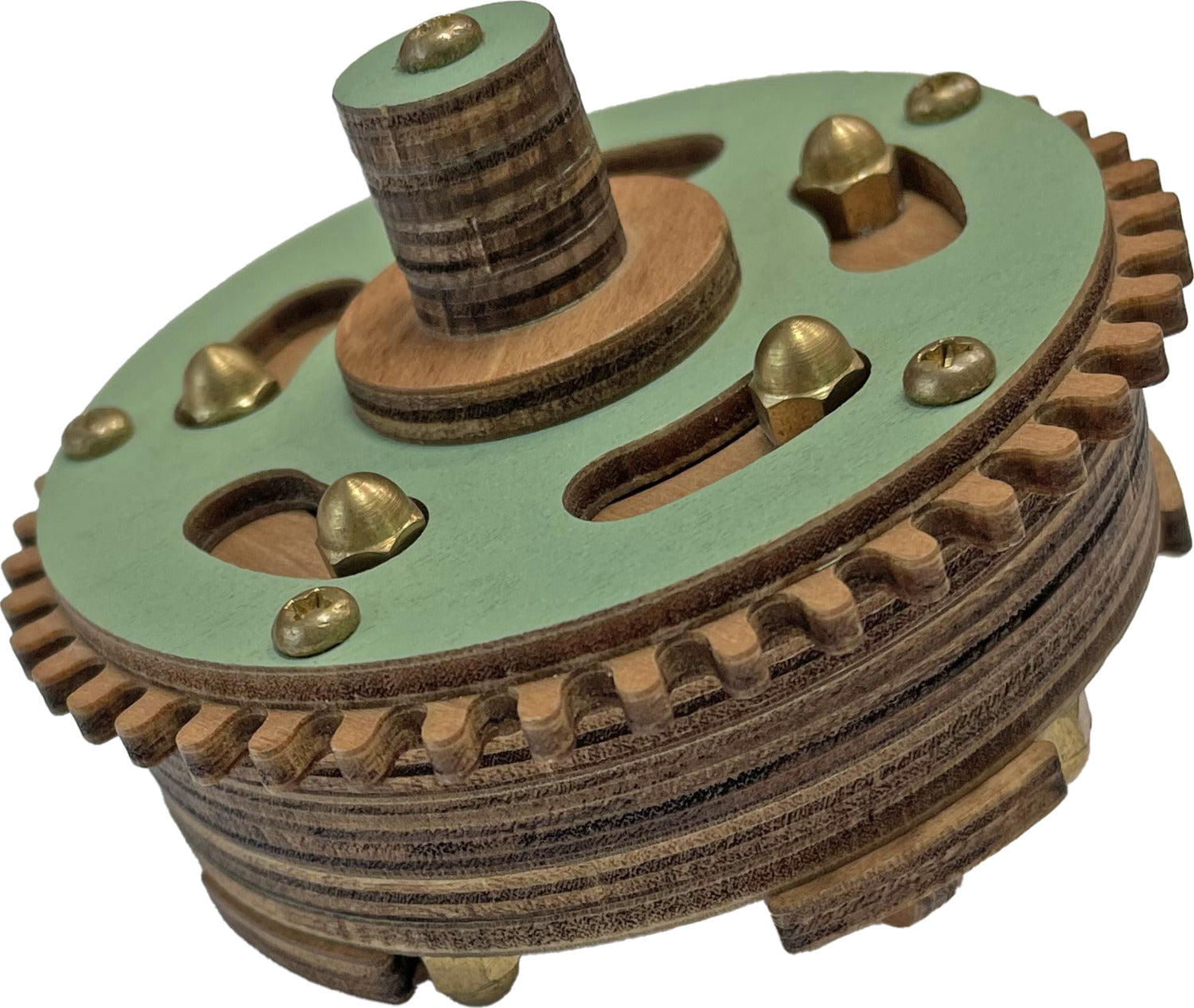 Archimedes' Gear by True Genius is a mechanical puzzle featuring intricate wooden gears, a green base, and metallic accents. It encourages problem-solving skills and provides a tactile, engaging experience for users.