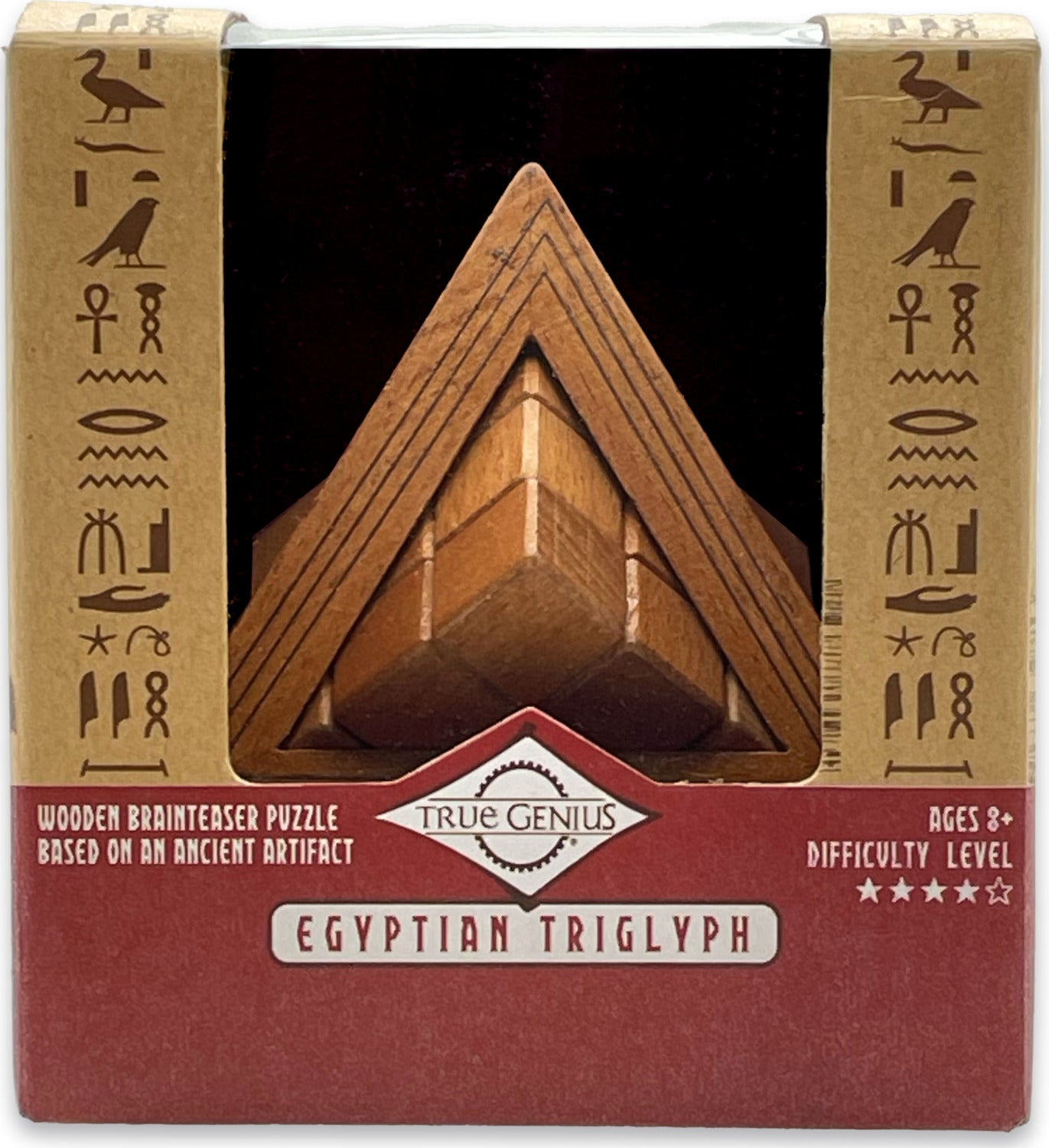 Egyptian Triglyph mechanical puzzle by Project Genius featuring a wooden brainteaser designed to resemble an ancient Egyptian artifact. The packaging showcases hieroglyphics and indicates a difficulty level of four stars, suitable for ages 8 and up.