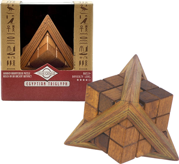 The Egyptian Triglyph is a wooden mechanical puzzle showcasing a unique triangular design with intricate wood textures and colors. It is packaged in a decorative box featuring Egyptian hieroglyphs and details about its difficulty level and age recommendation. Ideal for puzzle enthusiasts, it presents a captivating challenge.