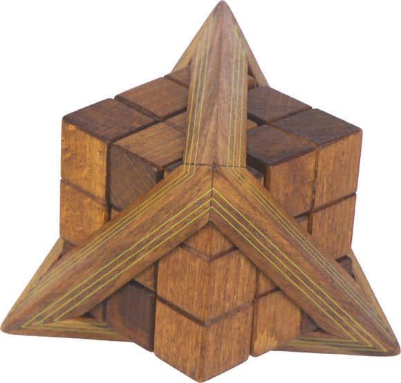 The Egyptian Triglyph by Project Genius is a beautifully crafted mechanical puzzle made of rich brown wood, featuring intricate geometric patterns and a unique multi-faceted design that challenges users to figure out its assembly. The puzzle's star-like shape showcases angular details and overlapping sections, making it an attractive decorative item as well as a stimulating brain teaser.