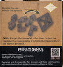 The Egyptian Triglyph Mechanical Puzzle by Project Genius, featuring various intricately shaped wooden pieces designed to challenge players to extract and reassemble a concealed cube within a pyramid framework. The packaging showcases instructions, the goal of the puzzle, and the Project Genius branding.