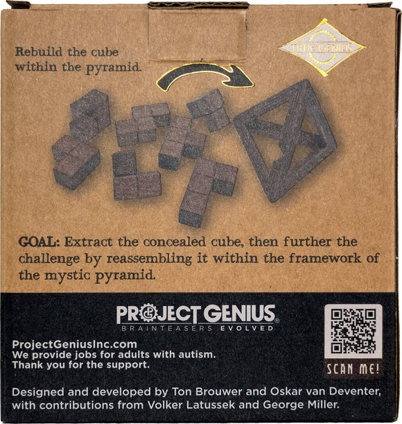 The Egyptian Triglyph Mechanical Puzzle by Project Genius, featuring various intricately shaped wooden pieces designed to challenge players to extract and reassemble a concealed cube within a pyramid framework. The packaging showcases instructions, the goal of the puzzle, and the Project Genius branding.