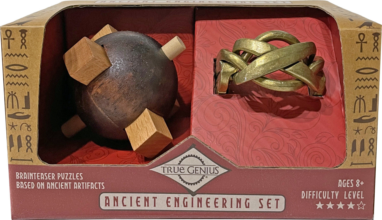 The Ancient Engineer Set by True Genius features two intricate mechanical puzzles inspired by ancient artifacts. The packaging displays a wooden and metal brainteaser, designed for ages 8 and up, highlighting its four-star difficulty level.